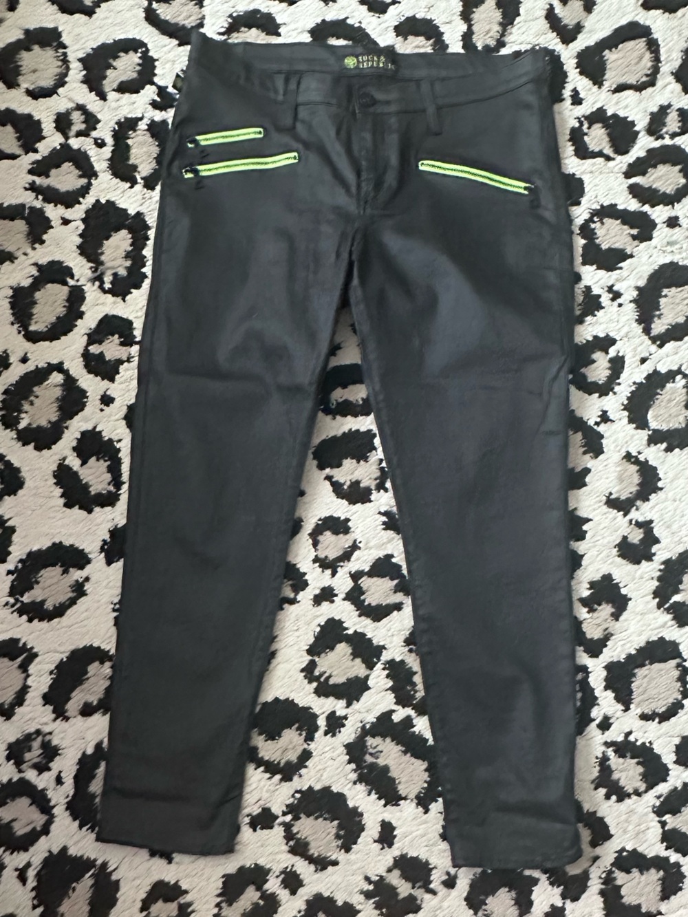 Rock & Republic Black Cargo Pants with Neon Green Zips